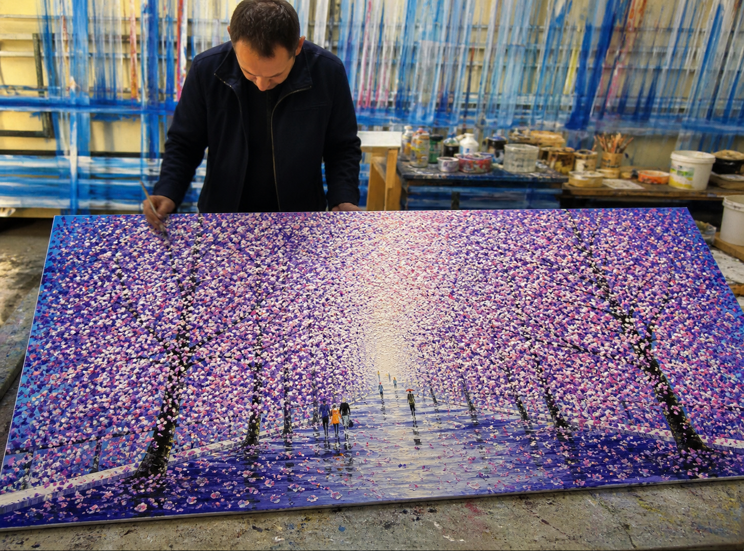 Je Shen mentre dipinge in studio, Galleria Orler